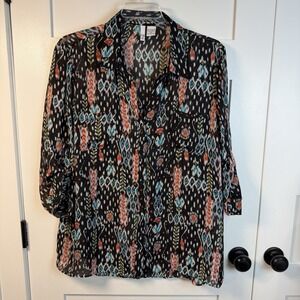 Sami & Jo Blouse Plus Size 3X Women Loose Black Blue Orange Top Shirt Button-Up